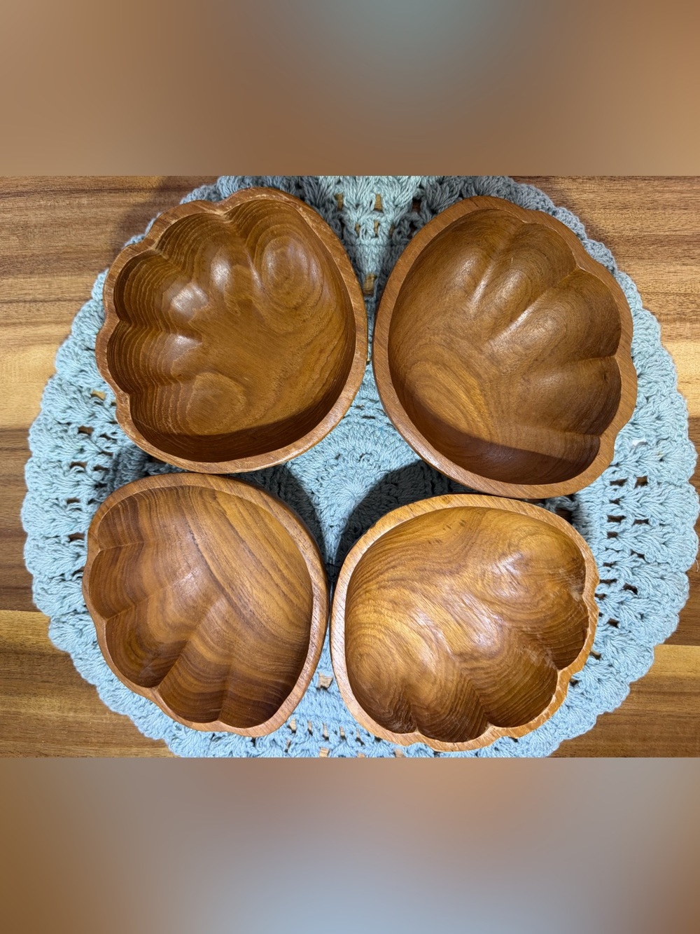Vintage Set of 4 Hand Carved Wooden Shell Bowls Teak Wood Serving Dishes
